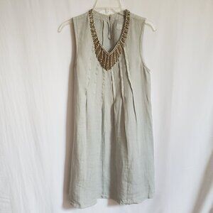 120% Lino - Gray Linen Dress with Rhinestones, Pearls and Beads. Size 40